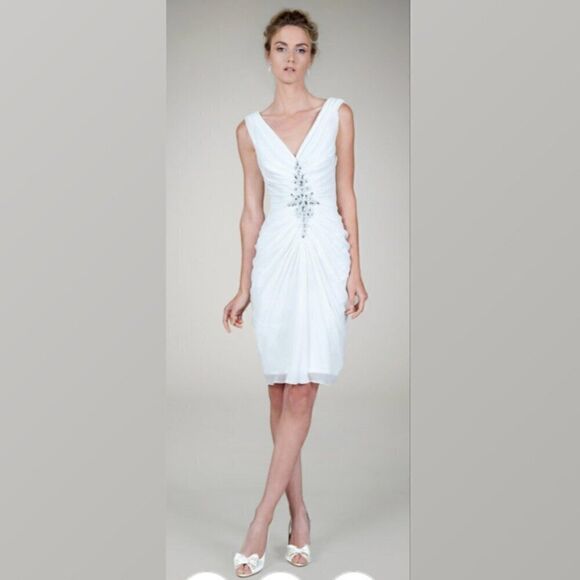 TADASHI SHOJI Embellished Chiffon Cocktail Dress V-Neck Sleeveless Knee Length - Picture 3 of 16